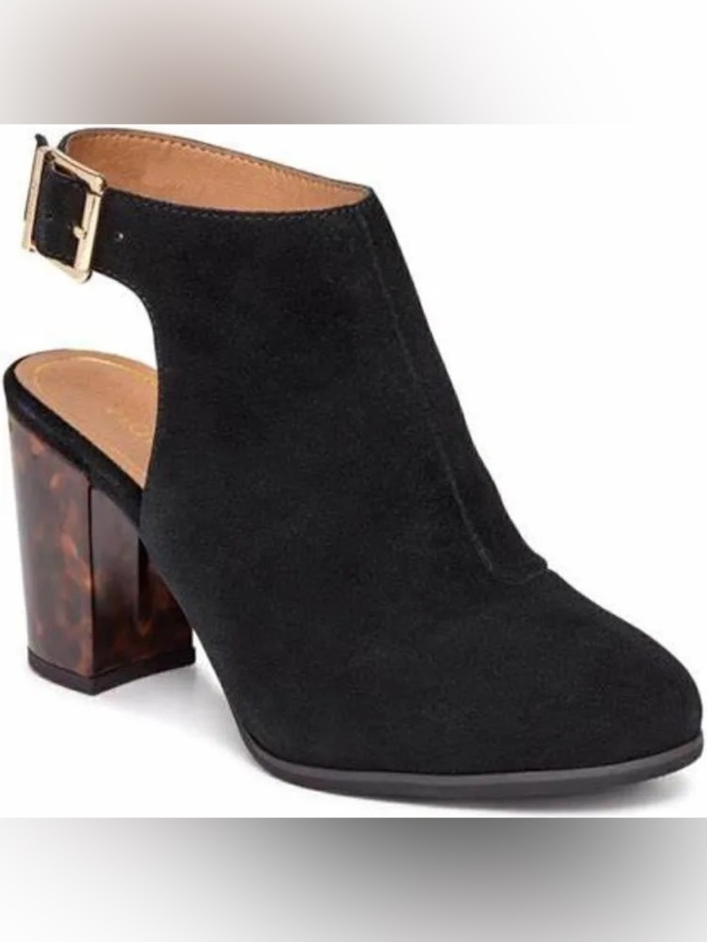 Vionic “Lacey” Black Suede Open Heel Tortoise Shell Arch Support Heels